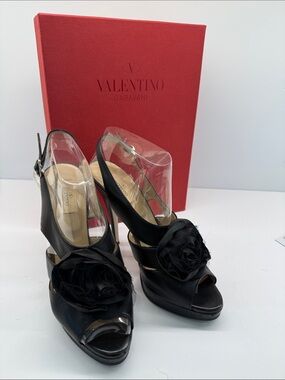Valentino Black Leather Peep-Toe Slingback Heels with Fabric Flower